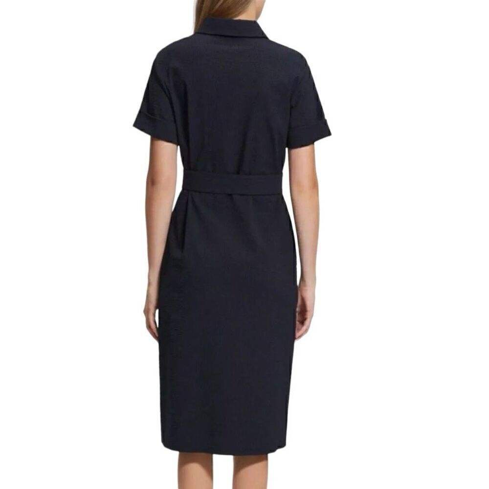 Theory Navy Blue Seersucker Dress Size Large * missing belt - Picture 3 of 13